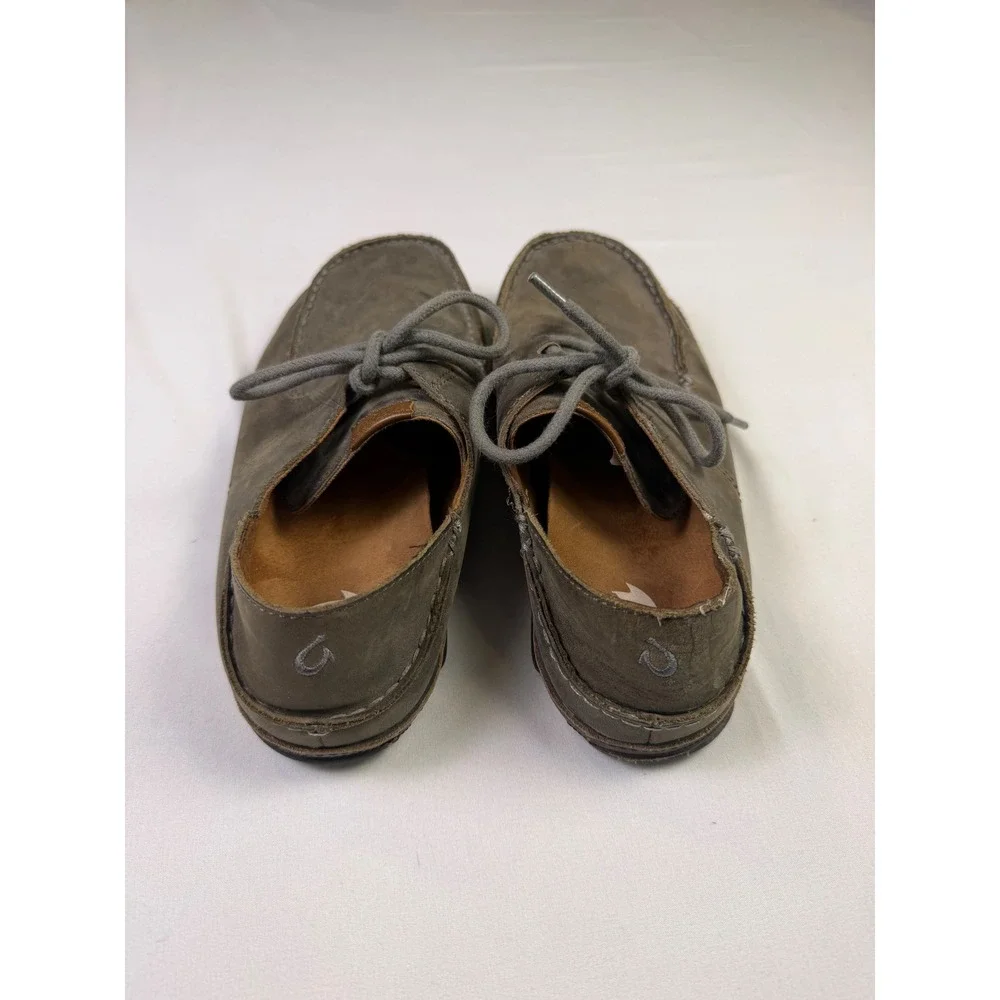 Olukai Ohana Lace Up‎ Nubuck Leather Moc Toe Shoes Mens 9 Grey Brown 10171-4T63